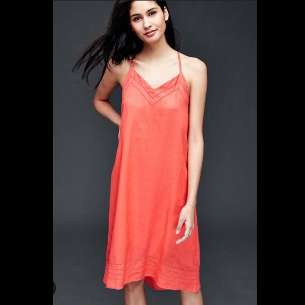 Gap 100% Linen Cami Dress In Fire Coral, Size 10, Pockets